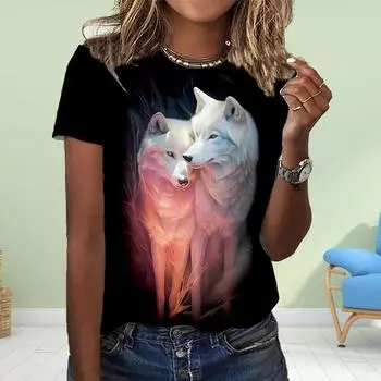 Модная женская футболка с принтом животных и волков, забавная повседневная футболка с круглым вырезом и короткими рукавами, летняя женская футболка XS синий