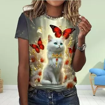 Модная женская футболка с принтом животных Kawaii Cat, забавная повседневная футболка с круглым вырезом и короткими рукавами, летняя женская футболка XS розовый