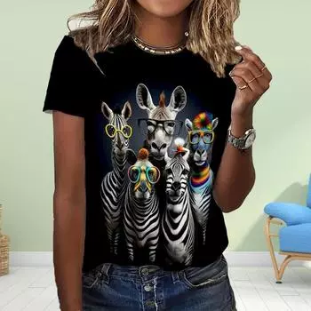 Модная женская футболка с принтом животных, зебры и бабочек, забавная повседневная футболка с круглым вырезом и короткими рукавами, летняя женская футболка XS синий