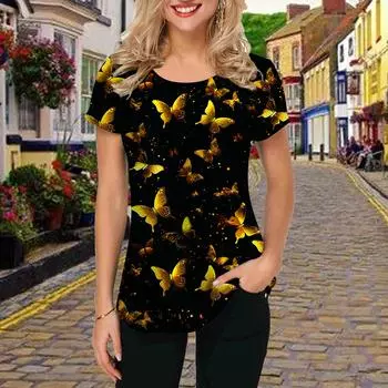 Модная женская футболка с принтом золотой бабочки, забавная повседневная футболка с круглым вырезом и короткими рукавами, летняя женская футболка XS розовый
