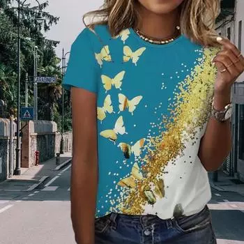Модная женская футболка с принтом золотой бабочки, забавная повседневная футболка с круглым вырезом и короткими рукавами, летняя женская футболка XS розовый