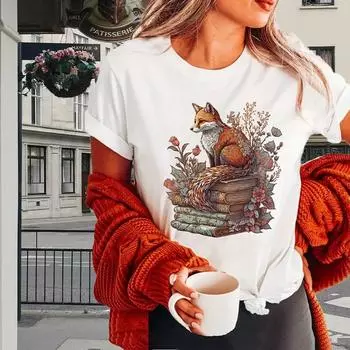 Модная женская футболка с принтом звезд, луны и лисы, забавная повседневная футболка с круглым вырезом и короткими рукавами, летняя женская футболка XS белый