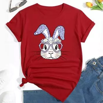 Модная женская футболка с простым принтом кролика из мультфильма, забавная повседневная футболка с круглым вырезом и короткими рукавами, летняя женская футболка XS красный