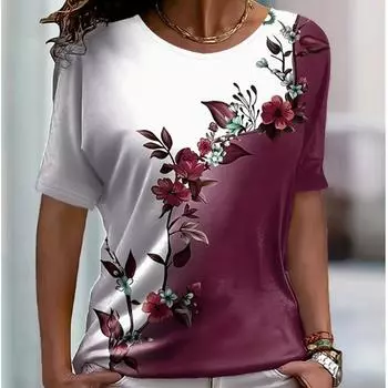 Модная женская футболка с простым принтом в виде цветочных ветвей, забавная повседневная футболка с круглым вырезом и короткими рукавами, летняя женская футболка XS фиолетовый