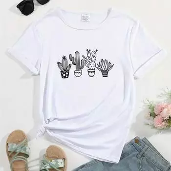 Модная женская футболка с простым принтом в виде растения в горшке, забавная повседневная футболка с круглым вырезом и короткими рукавами, летняя женская футболка XS розовый
