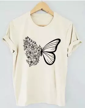 Модная женская футболка с простыми линиями, цветочным принтом и бабочкой, забавная повседневная футболка с круглым вырезом и короткими рукавами, летняя женская футболка XS розовый