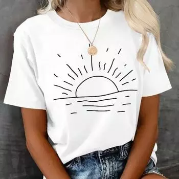 Модная женская футболка с простыми линиями и принтом солнца и моря, забавная повседневная футболка с круглым вырезом и короткими рукавами, летняя женская футболка XS розовый