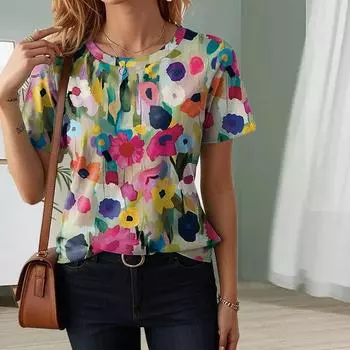 Модная женская футболка с ярким цветочным принтом, забавная повседневная футболка с круглым вырезом и короткими рукавами, летняя женская футболка XS синий