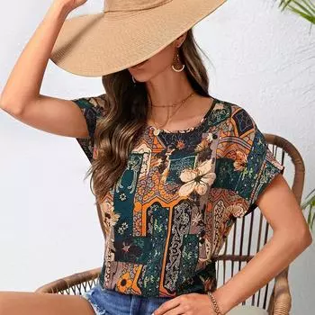 Модная женская футболка с ярким цветочным принтом, забавная повседневная футболка с круглым вырезом и короткими рукавами, летняя женская футболка XS фиолетовый