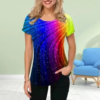 Модная женская футболка с радужным принтом, забавная повседневная футболка с круглым вырезом и короткими рукавами, летняя женская футболка XS синий