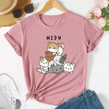 Модная женская футболка с рисунком животных, котом, ромашкой, буквенным принтом, забавная повседневная футболка с круглым вырезом и короткими рукавами, летняя женская футболка XS розовый