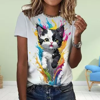 Модная женская футболка с рисунком животных, совы и кошки, забавная повседневная футболка с круглым вырезом и короткими рукавами, летняя женская футболка XS синий