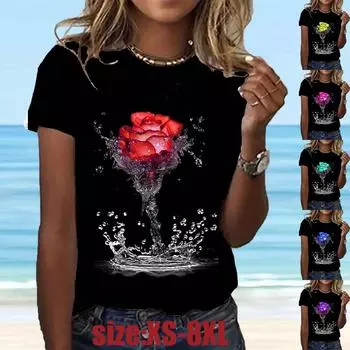 Модная женская футболка с розой, забавная повседневная футболка с круглым вырезом и короткими рукавами, летняя женская футболка