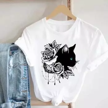 Модная женская футболка с розовым котенком, забавная повседневная футболка с круглым вырезом и короткими рукавами, летняя женская футболка XS чёрный