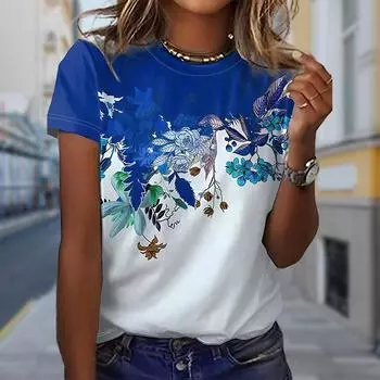Модная женская футболка с синим цветочным принтом, забавная повседневная футболка с круглым вырезом и короткими рукавами, летняя женская футболка XS синий