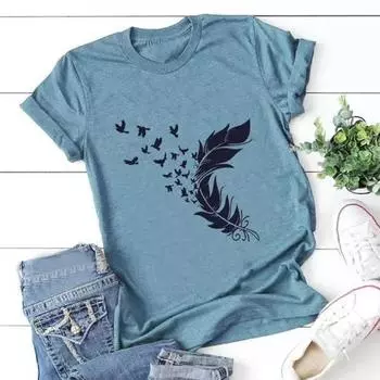 Модная женская футболка с синим пером, забавная повседневная футболка с круглым вырезом и короткими рукавами, летняя женская футболка XS красный