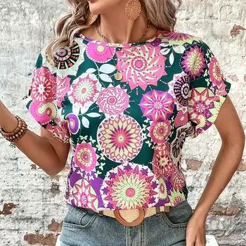 Модная женская футболка с тотемным цветочным принтом, забавная повседневная футболка с круглым вырезом и короткими рукавами, летняя женская футболка XS зелёный