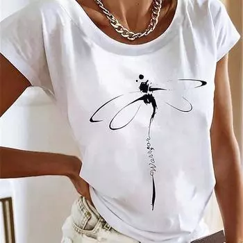 Модная женская футболка с упрощенным животным стрекозой и буквенным принтом, забавная повседневная футболка с круглым вырезом и короткими рукавами, летняя женская футболка XS зелёный