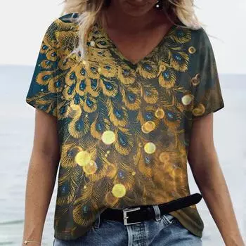 Модная женская футболка с v-образным вырезом и 3D-принтом из павлиньих перьев, футболки с короткими рукавами, большие топы Y2k, летняя уличная повседневная женская футболка XL