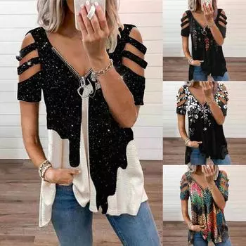 Модная женская футболка с v-образным вырезом и коротким рукавом, летняя свободная блузка с принтом L чёрный