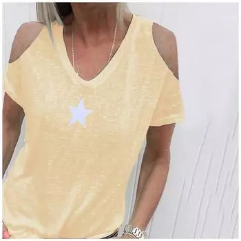 Модная женская футболка с v-образным вырезом и звездным принтом с открытыми плечами и короткими рукавами, блузка, топы S оранжевый