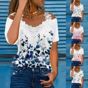 Модная женская футболка с v-образным вырезом и кружевным ремнем, повседневные свободные топы с короткими рукавами и принтом L горячий розовый