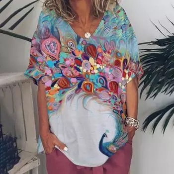 Модная женская футболка с V-образным вырезом и коротким рукавом, женская 3D-графика с павлином, летняя повседневная женская одежда больших размеров 5XL S