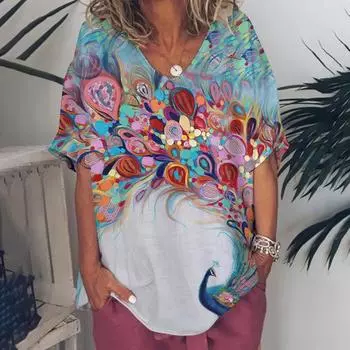 Модная женская футболка с V-образным вырезом и коротким рукавом, женская 3D-графика с павлином, летняя повседневная женская одежда больших размеров 5XL S