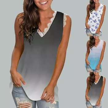 Модная женская футболка с V-образным вырезом и принтом, блузка, летние топы без рукавов, майка XXL темно-серого