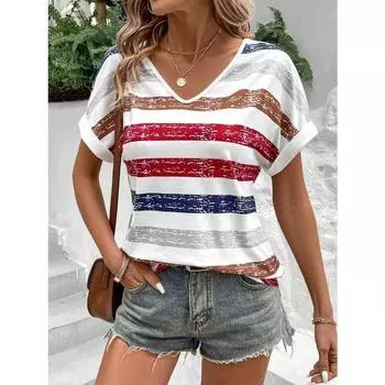 Модная женская футболка с V-образным вырезом, летняя уличная модная футболка с коротким рукавом, большой размер, свободная женская одежда, уменьшающая возраст, удобная S