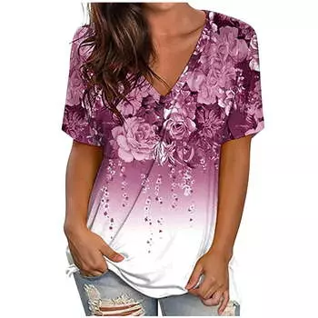 Модная женская футболка с V-образным вырезом, элегантная, модная, с коротким рукавом, летняя, с 3D-принтом, с цветочным принтом, свободные топы, несколько цветов S