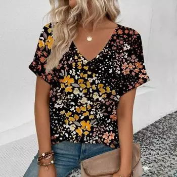 Модная женская футболка с v-образным вырезом и коротким рукавом с цветочным узором, повседневная женская летняя элегантная удобная футболка большого размера S