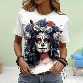 Модная женская футболка с забавным принтом скелета и красоты, забавная повседневная футболка с короткими рукавами и круглым вырезом, летняя женская футболка XS синий