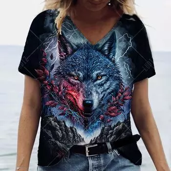 Модная женская футболка с забавным волком и 3D принтом, летняя футболка с короткими рукавами, одежда большого размера из полиэфирного волокна S