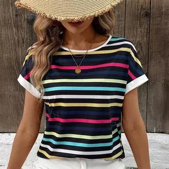 Модная женская футболка в грубую полоску с принтом в полоску, забавная повседневная футболка с круглым вырезом и короткими рукавами, летняя женская футболка XS розовый