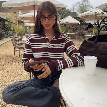 Модная женская футболка в полоску, повседневная, с длинным рукавом, женская, универсальная, рубашка поло, весна 2025, новые женские свободные топы, для улицы S