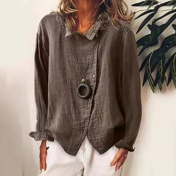Модная женская хлопковая льняная повседневная однотонная футболка с длинными рукавами на пуговицах, блузка, топы M коричневый