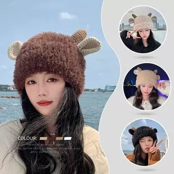 Модная женская и милая шапочка из ягненка для девочек, теплая вязаная шерстяная шапка на открытом воздухе