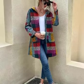 Модная женская клетчатая вязаная ретро клетчатая толстовка с капюшоном кардиган куртка S