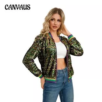 Модная женская короткая бейсбольная куртка с цветными блестками на весну и осень S разноцветный