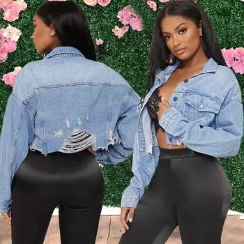 Модная женская короткая джинсовая куртка с длинным рукавом, синее винтажное короткое рваное пальто, элегантные лацканы, весенне-осенние укороченные топы, женская одежда 1372 S синий
