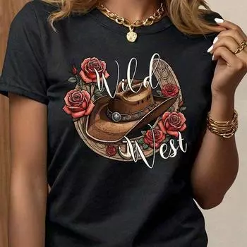 Модная женская ковбойская шляпа, футболка с принтом розы, забавная повседневная футболка с круглым вырезом и короткими рукавами, летняя женская футболка XS розовый