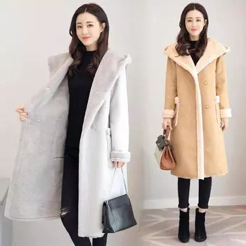 Модная женская кожаная куртка, пальто из искусственной замши для женщин, осенне-зимнее теплое пальто средней длины с капюшоном, верхняя одежда из искусственной овчины S