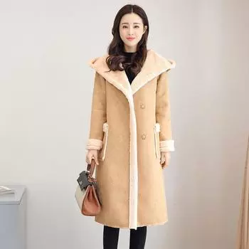 Модная женская кожаная куртка, пальто из искусственной замши для женщин, осенне-зимнее теплое пальто средней длины с капюшоном, верхняя одежда из искусственной овчины S