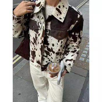 Модная женская кожаная меховая куртка с принтом, повседневная, с длинными рукавами, приталенная, с накладными карманами, пальто для поездок на работу и обратно, осенняя верхняя одежда L