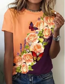 Модная женская красивая бабочка трехмерный цветочный принт футболка смешная повседневная футболка с короткими рукавами О-образным вырезом летняя женская футболка XS розовый