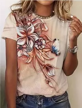 Модная женская красивая трехмерная футболка с цветочным принтом и бабочкой, забавная повседневная футболка с круглым вырезом и короткими рукавами, летняя женская футболка XS розовый