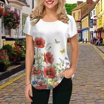 Модная женская красная футболка с большим цветочным принтом, забавная повседневная футболка с круглым вырезом и короткими рукавами, летняя женская футболка XS зелёный