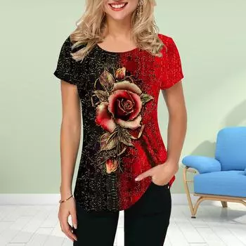 Модная женская красная футболка с принтом большой розы, забавная повседневная футболка с круглым вырезом и короткими рукавами, летняя женская футболка XS синий