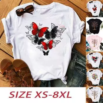 Модная женская красная и черная футболка с бабочкой, забавная повседневная футболка с круглым вырезом и короткими рукавами, летняя женская футболка